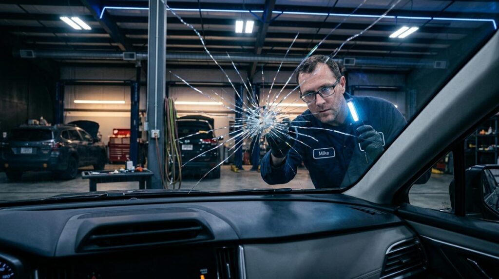 Vehicle in body shop with damaged windshield being assessed by auto glass technician under shop lighting at Wheelers Auto Body Wisconsin Rapids.