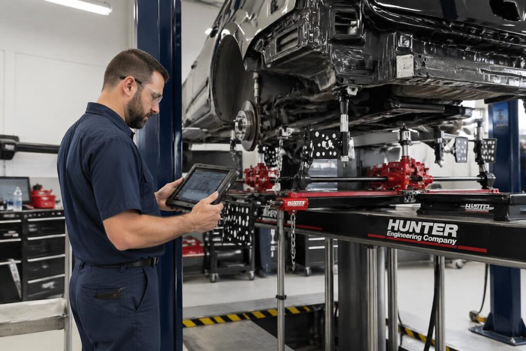 Technician using computerized frame measurement system on damaged vehicle at Wheelers Auto Body collision repair shop.