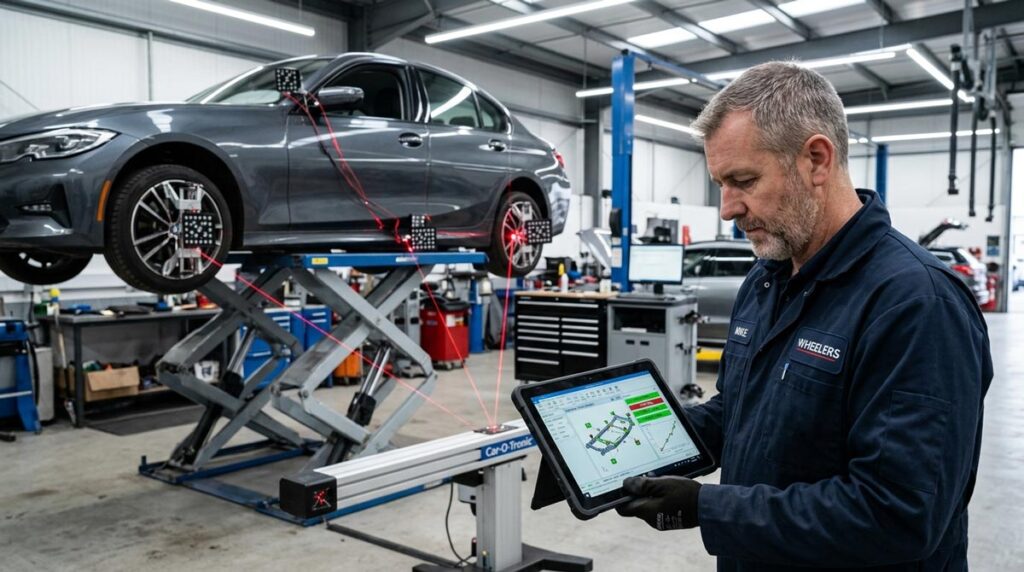 Technician operating computerized frame measurement system reading laser reference points on vehicle frame at Wheelers Auto Body.