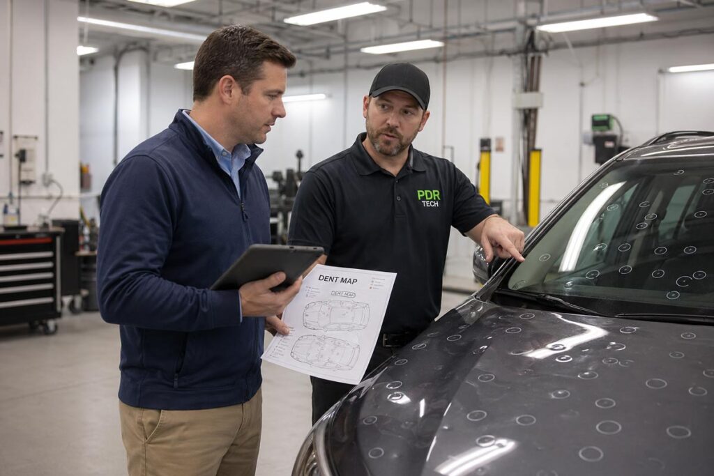 Insurance adjuster reviewing hail damage on a vehicle with PDR technician at Wheelers Auto Body Wisconsin Rapids.