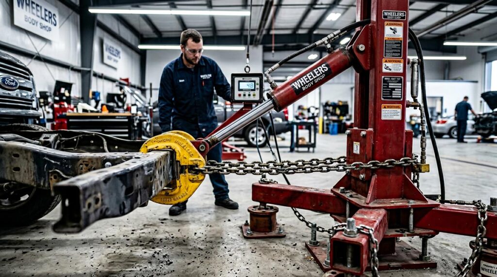 Heavy-duty hydraulic pulling tower attached to vehicle frame with chain and clamp during frame straightening at Wheelers Auto Body.