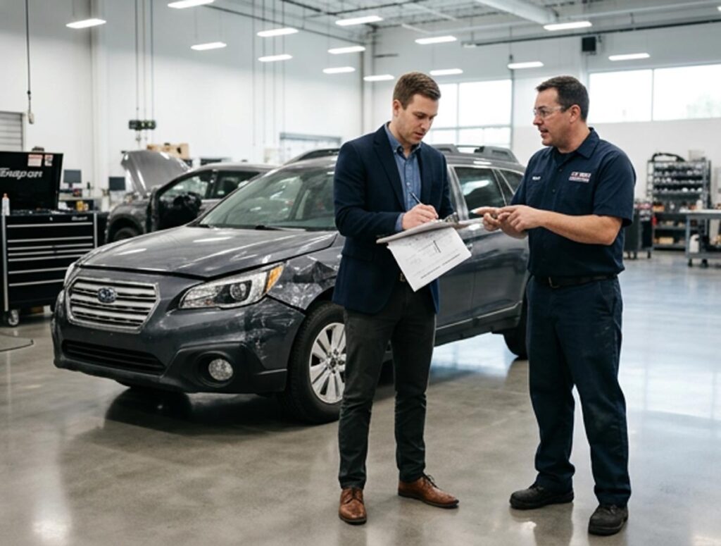 Insurance adjuster and auto body technician reviewing damage estimate next to a vehicle in collision repair shop.