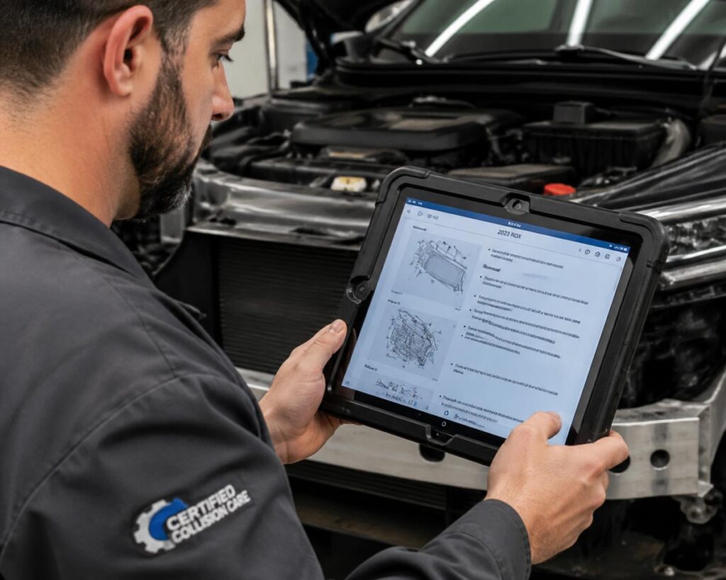 Auto body technician reviewing OEM factory repair procedures on a tablet next to a vehicle in the repair bay.