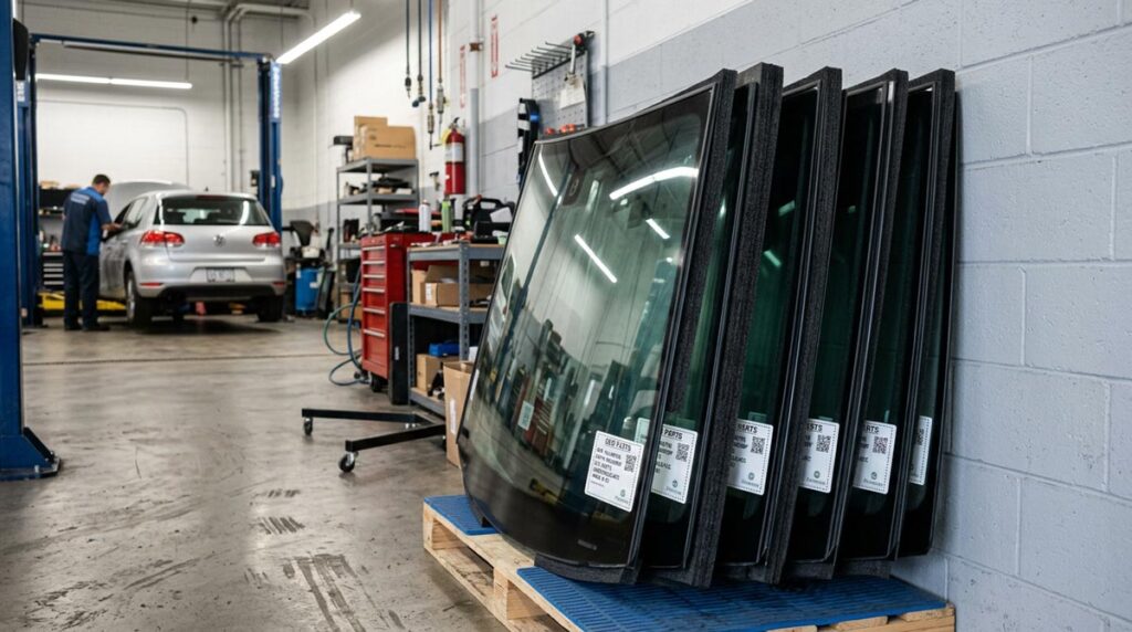 Stack of OEM windshield glass at auto body shop showing manufacturer markings and quality certification labels.