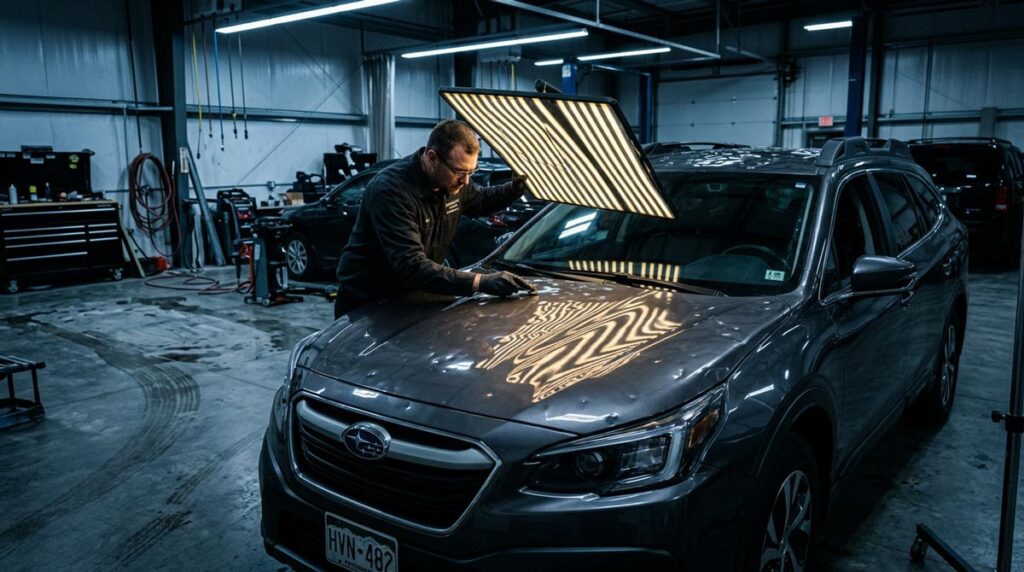 Vehicle with hail damage being inspected by PDR technician under specialized lighting at Wheelers Auto Body Wisconsin Rapids.