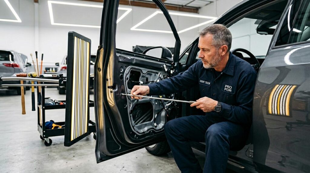 PDR technician using long-rod tool to push a dent from inside a door panel at Wheelers Auto Body collision repair shop.