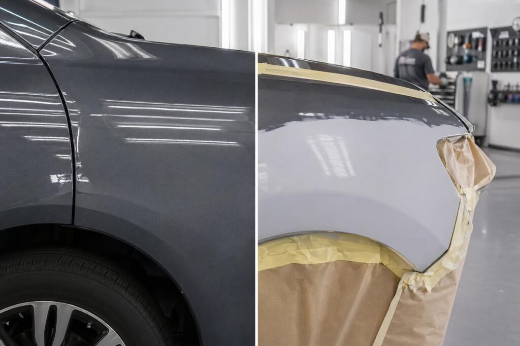 Side-by-side comparison view of a vehicle showing finished PDR repair on one panel and traditional body work refinishing on another at Wheelers.