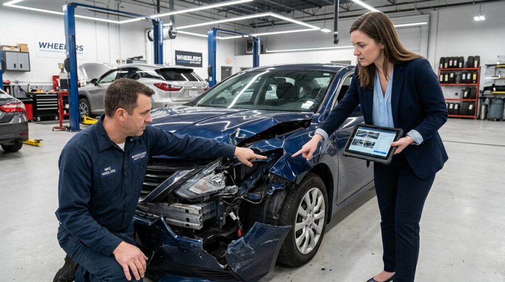 Severely damaged vehicle being assessed by technician and insurance adjuster at Wheelers Auto Body with visible structural damage to front end.