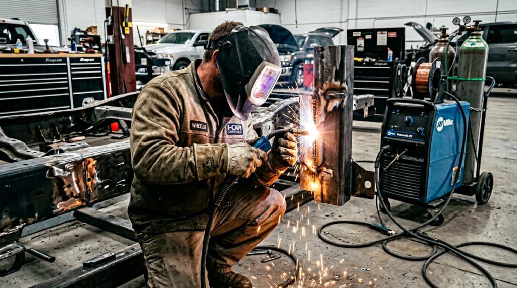 I-CAR certified technician performing MIG welding on vehicle structural frame section with welding helmet and protective gear at Wheelers Auto Body.