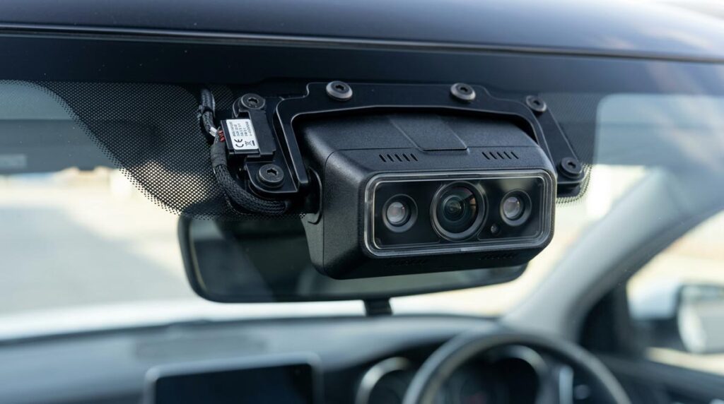 Close-up of forward-facing ADAS camera mounted at the top center of a vehicle windshield interior.