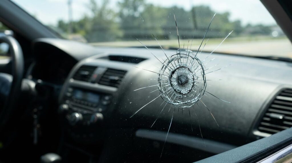 Close-up of a typical bullseye rock chip damage on a vehicle windshield before paintless rock chip repair.