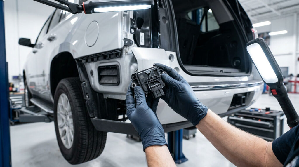 Technician inspecting a blind spot monitoring radar sensor mounted inside the rear bumper area of a vehicle during ADAS calibration prep