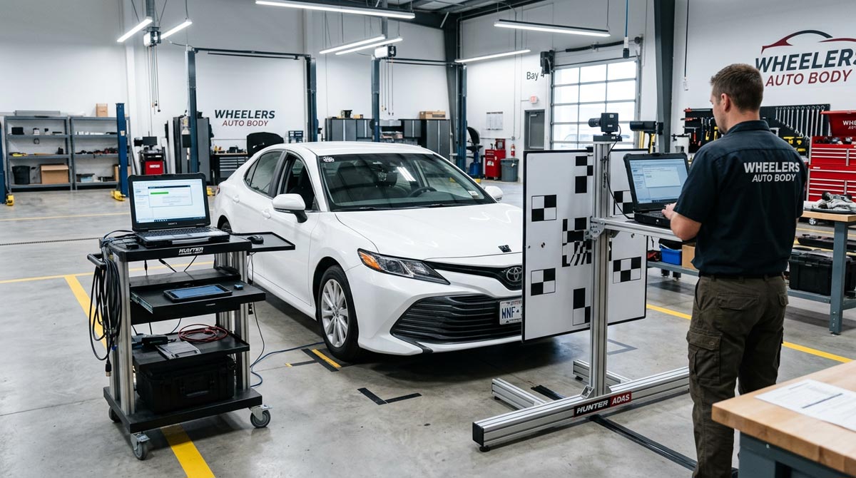 ADAS calibration setup inside Wheelers Auto Body repair bay Wisconsin Rapids