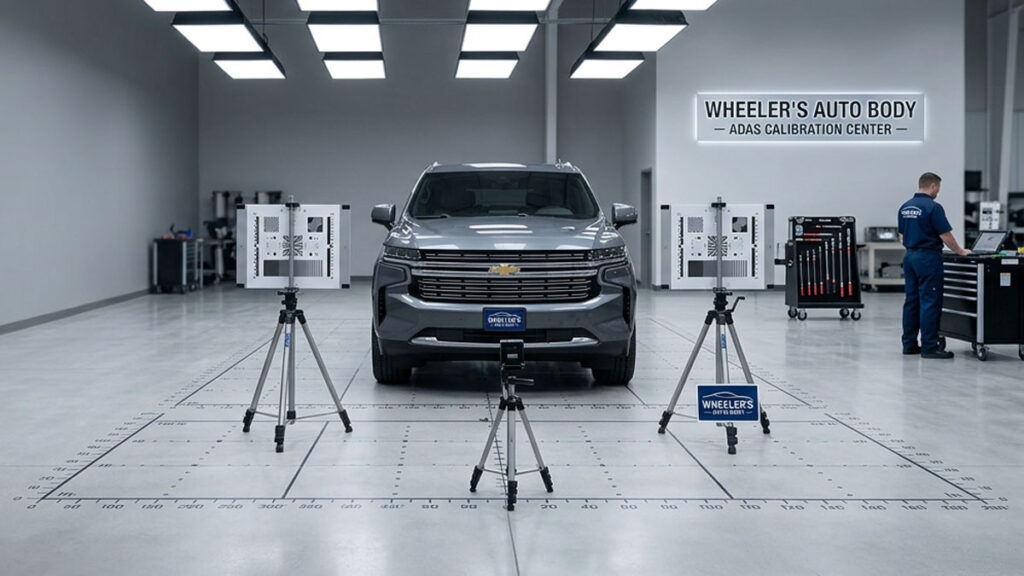 Modern ADAS calibration bay at Wheelers Auto Body Wisconsin Rapids with factory target boards positioned in front of a vehicle for forward camera calibration