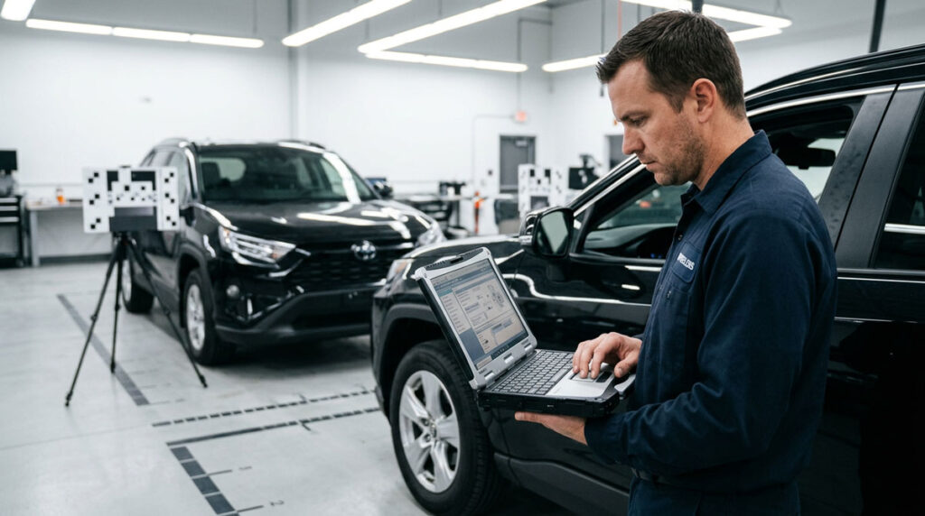 Certified technician operating an OEM scan tool laptop during ADAS forward camera calibration with target board visible in front of vehicle