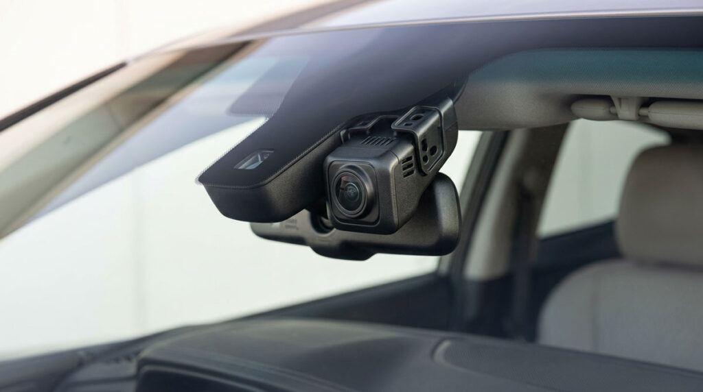 Close-up of a forward-facing ADAS camera mounted behind the windshield of a modern vehicle, showing the camera housing and lens assembly
