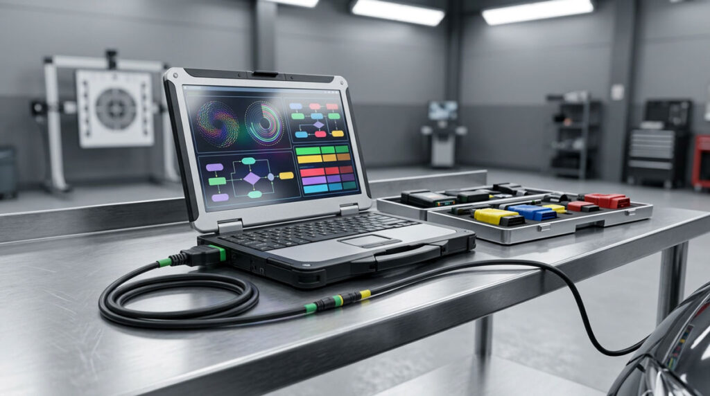 OEM-licensed automotive scan tool laptop interface displayed on a clean workbench during ADAS calibration setup at a body shop