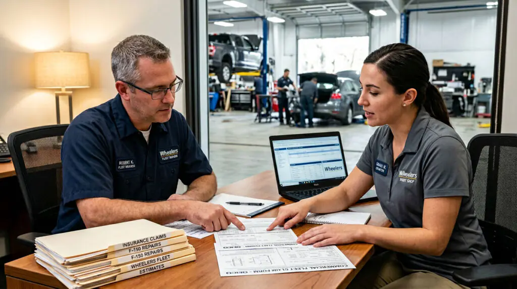 Fleet manager reviewing commercial insurance documentation with body shop estimator at desk with multiple vehicle files visible.