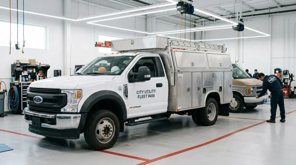 Commercial work pickup truck with utility bed in body shop repair bay being assessed at Wheelers Auto Body.