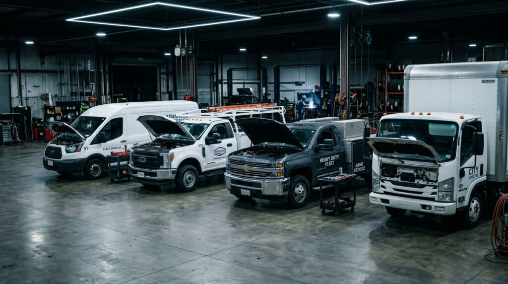 Multiple commercial vehicles including work vans and pickups parked in fleet repair bay at Wheelers Auto Body Wisconsin Rapids.
