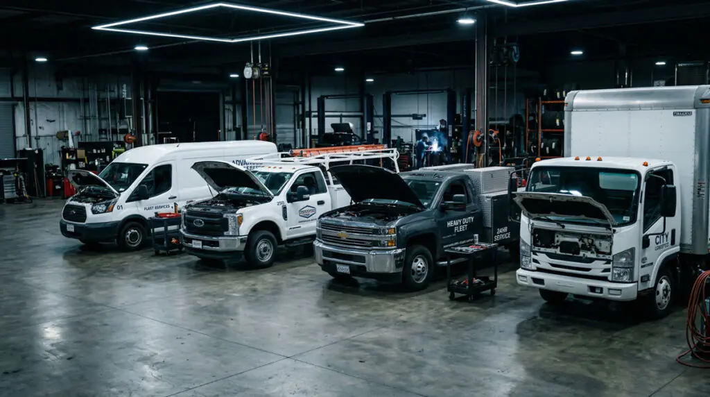 Multiple commercial vehicles including work vans and pickups parked in fleet repair bay at Wheelers Auto Body Wisconsin Rapids.