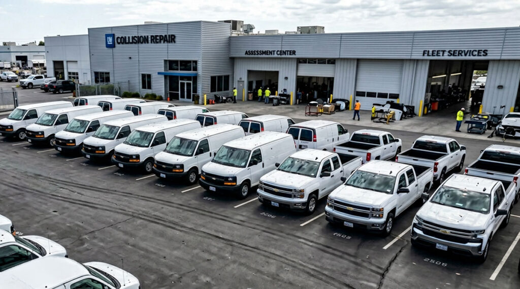 Multiple fleet vehicles with visible hail damage staged in body shop lot for coordinated assessment at Wheelers Auto Body.