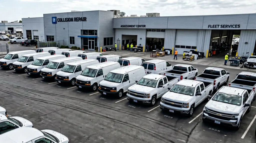 Multiple fleet vehicles with visible hail damage staged in body shop lot for coordinated assessment at Wheelers Auto Body.