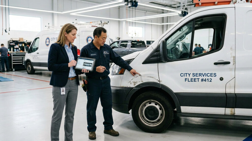 Fleet manager in business casual reviewing tablet with auto body technician next to commercial van at Wheelers Auto Body.