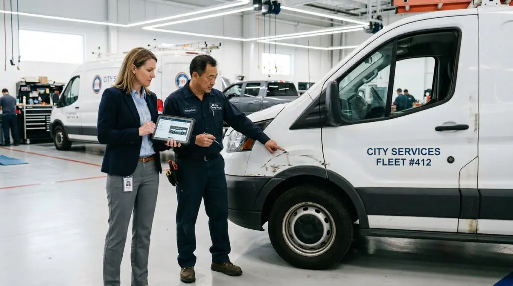 Fleet manager in business casual reviewing tablet with auto body technician next to commercial van at Wheelers Auto Body.