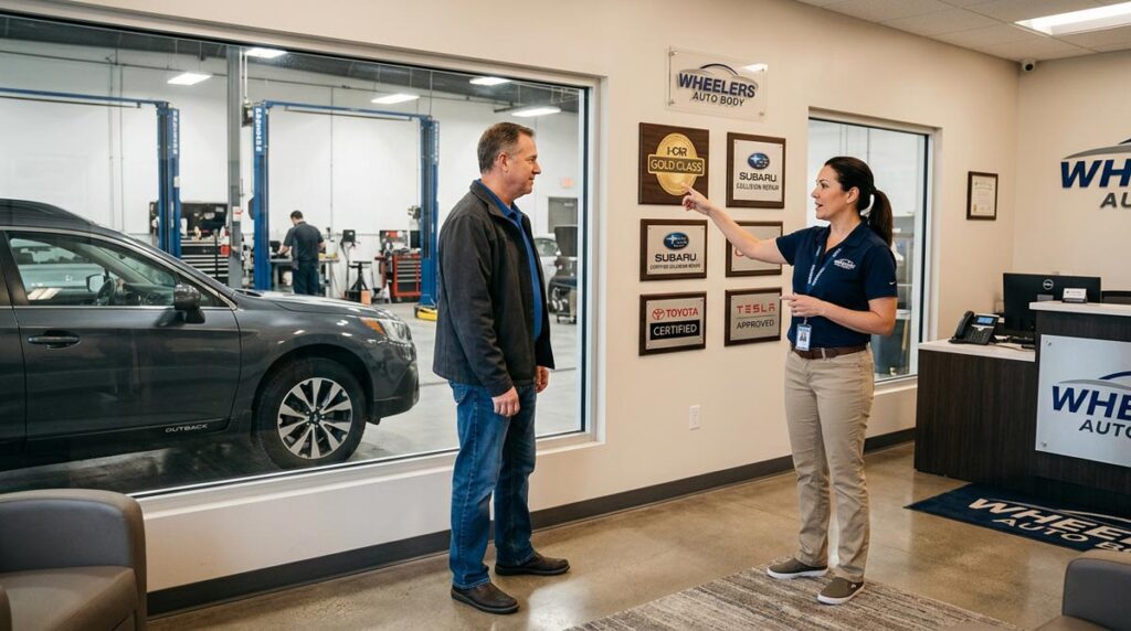 Customer and auto body shop advisor discussing vehicle repair options at professional collision center Wisconsin