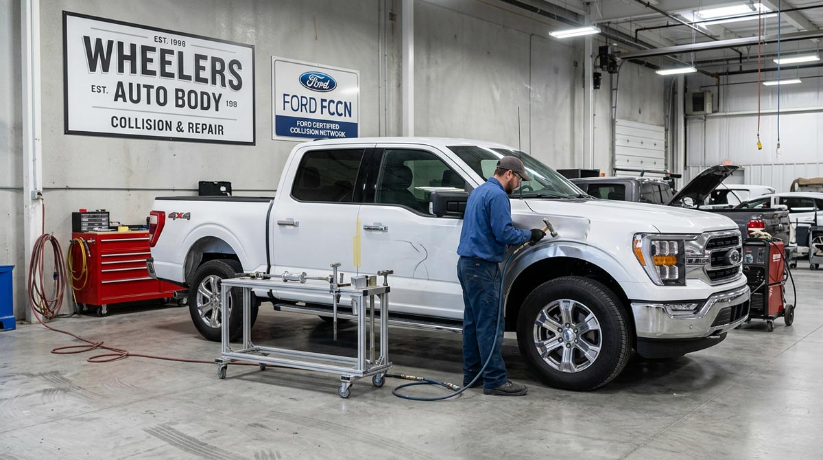 Ford certified technician working on F-150 aluminum repair at Wheelers Auto Body Wisconsin Rapids