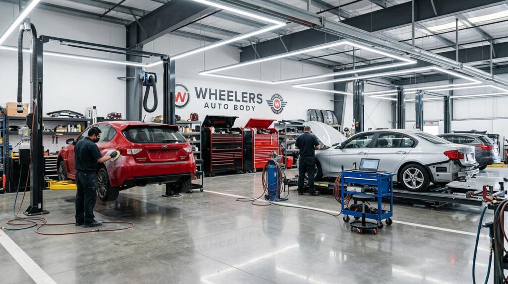 Certified collision repair technician working on vehicle in professional auto body shop bay Wisconsin Rapids WI
